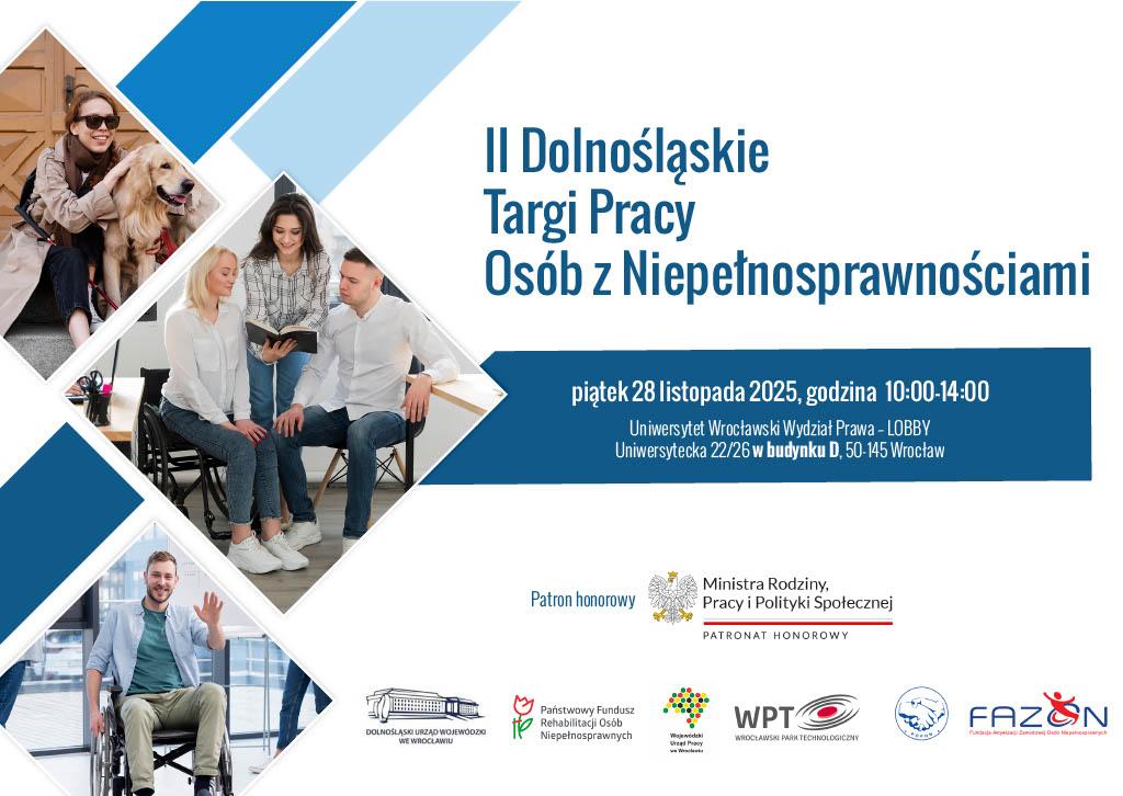 Kobieta w ciemnych okularach głaszcze psa, grupa młodych ludzi czyta książkę, uśmiechnięty mężczyzna siedzący na wózku inwalidzkim unosi dłoń w geście powitalnym.